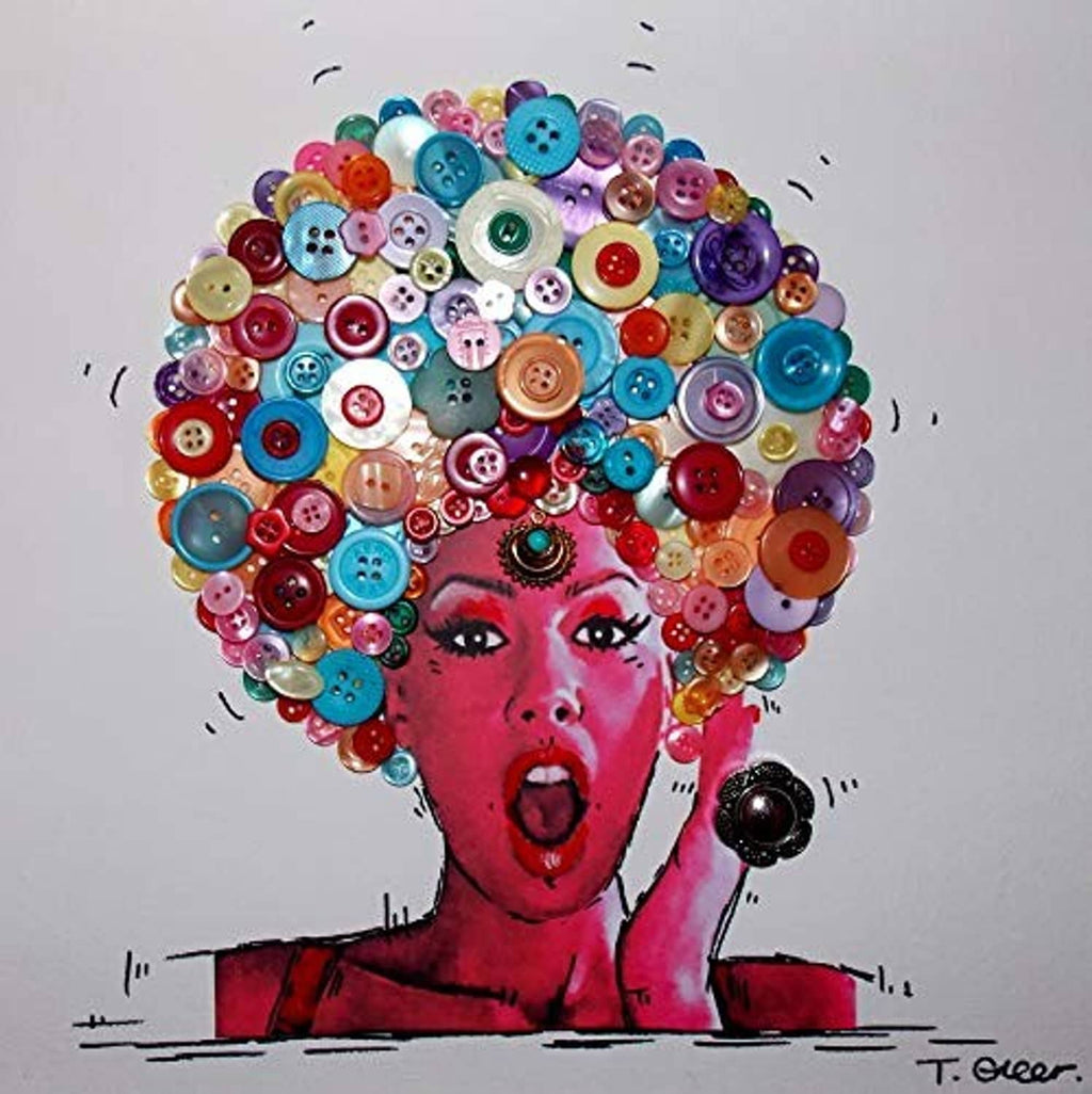 Button mosaic portrait artwork using multicolor round resin buttons on a face design