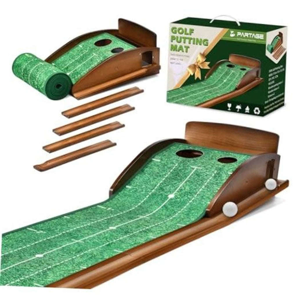 Indoor golf putting mat with green textured surface, brown rails, and 2 cup holes