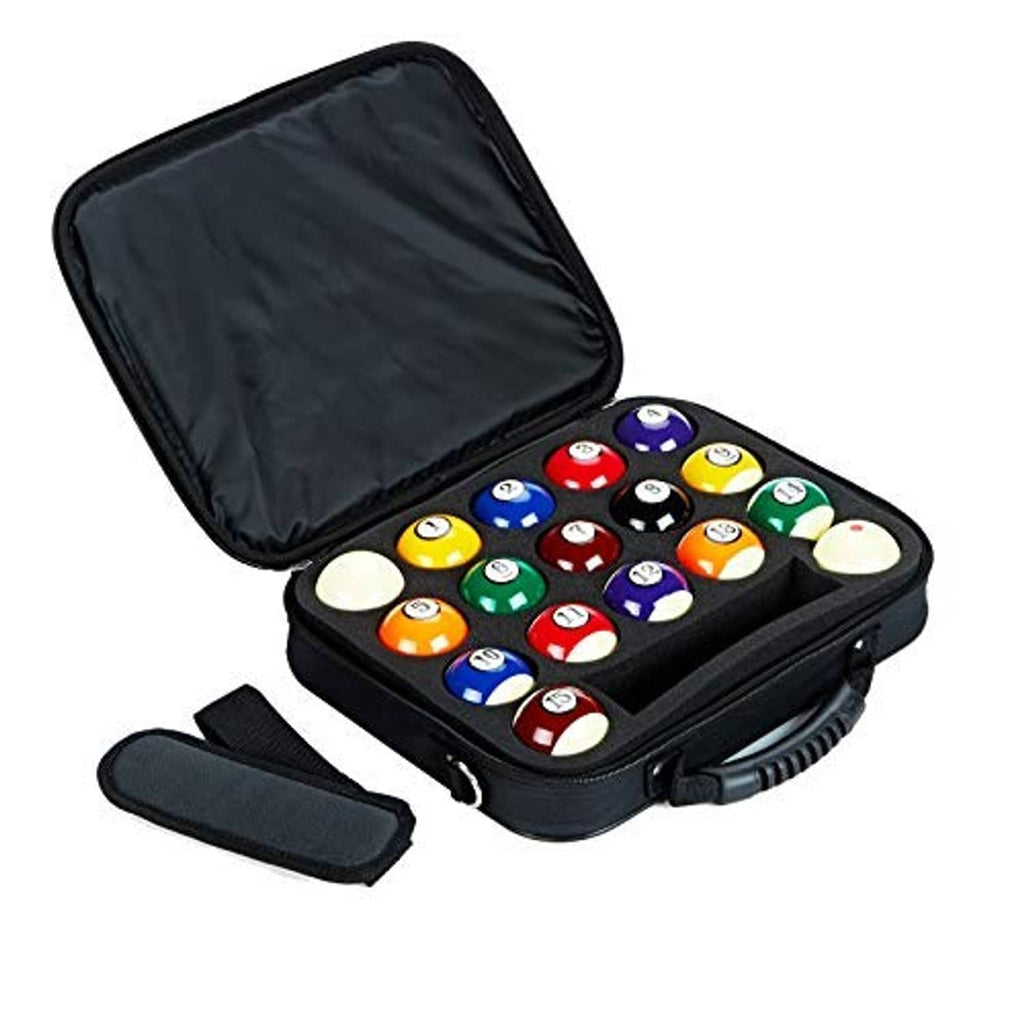 Nylon pool ball carrying case with open lid and colorful billiard balls inside