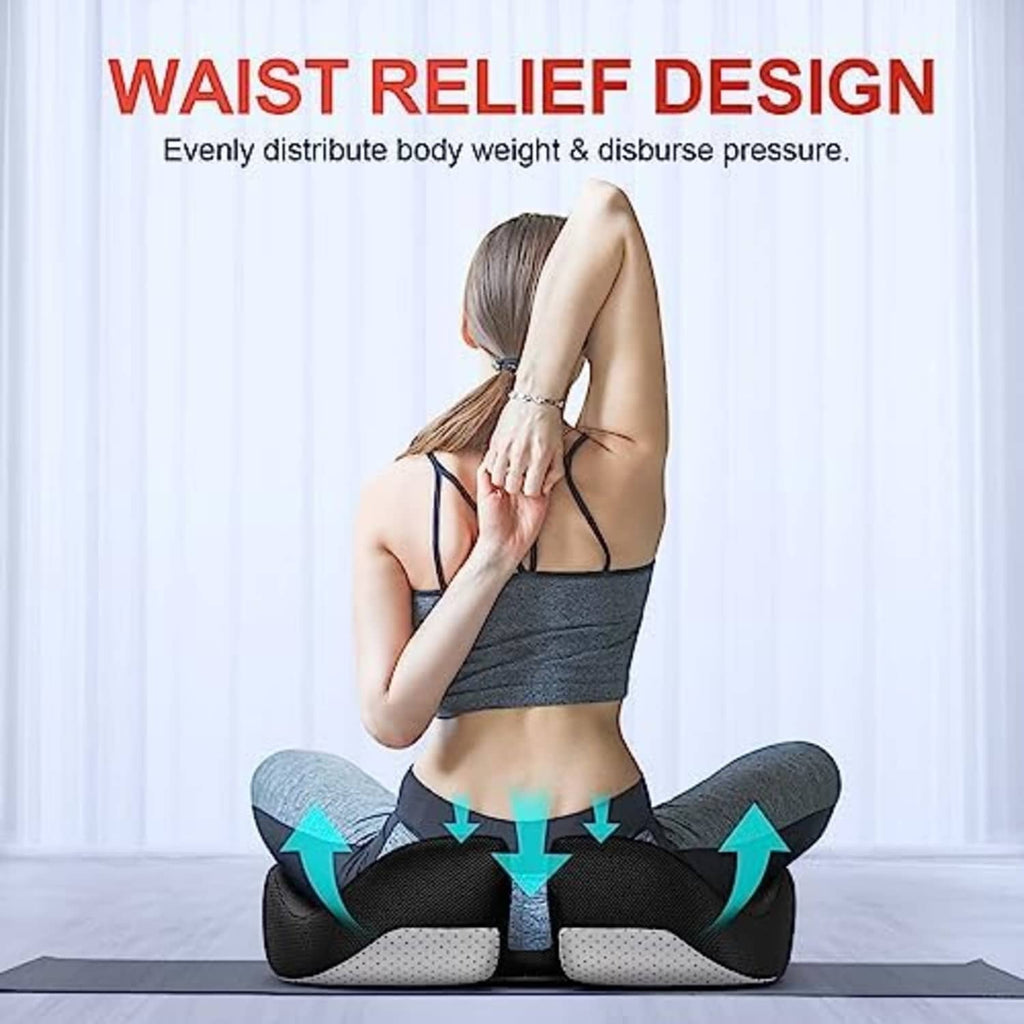 Black coccyx seat cushion with raised rear cutout, contoured memory foam support