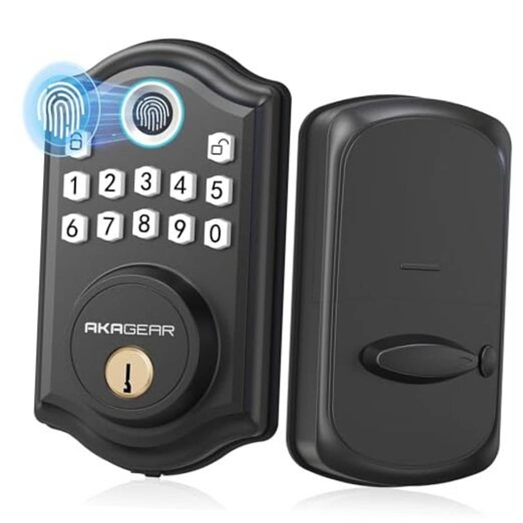 Matte black keyless door lock with numeric keypad and circular fingerprint sensor