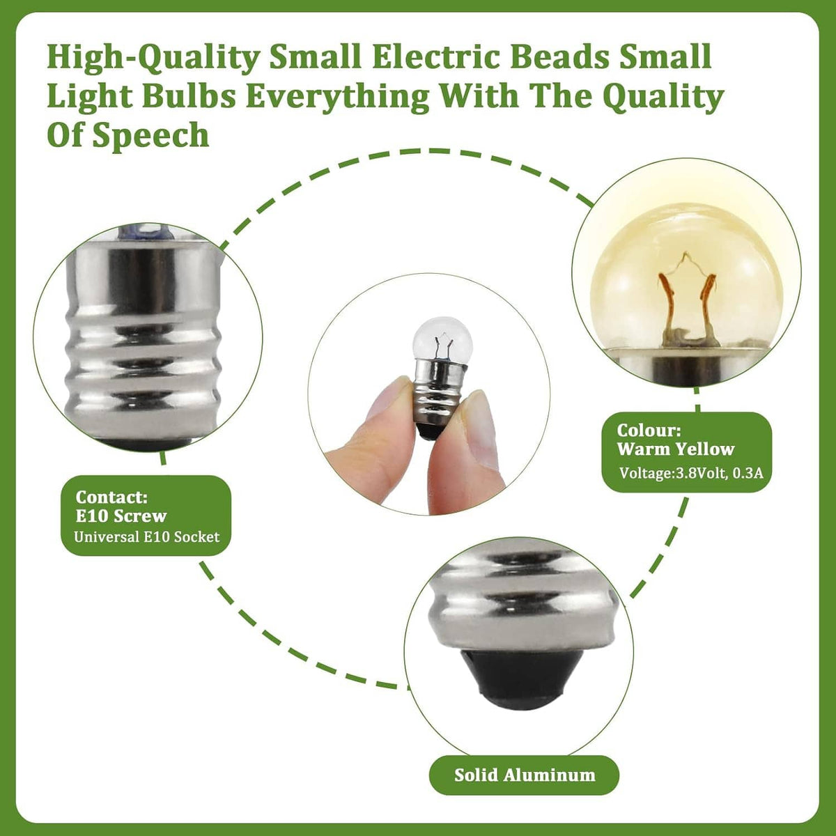 E10 warm light bulb with metal contact tip and clear glass filament bulb, close-up