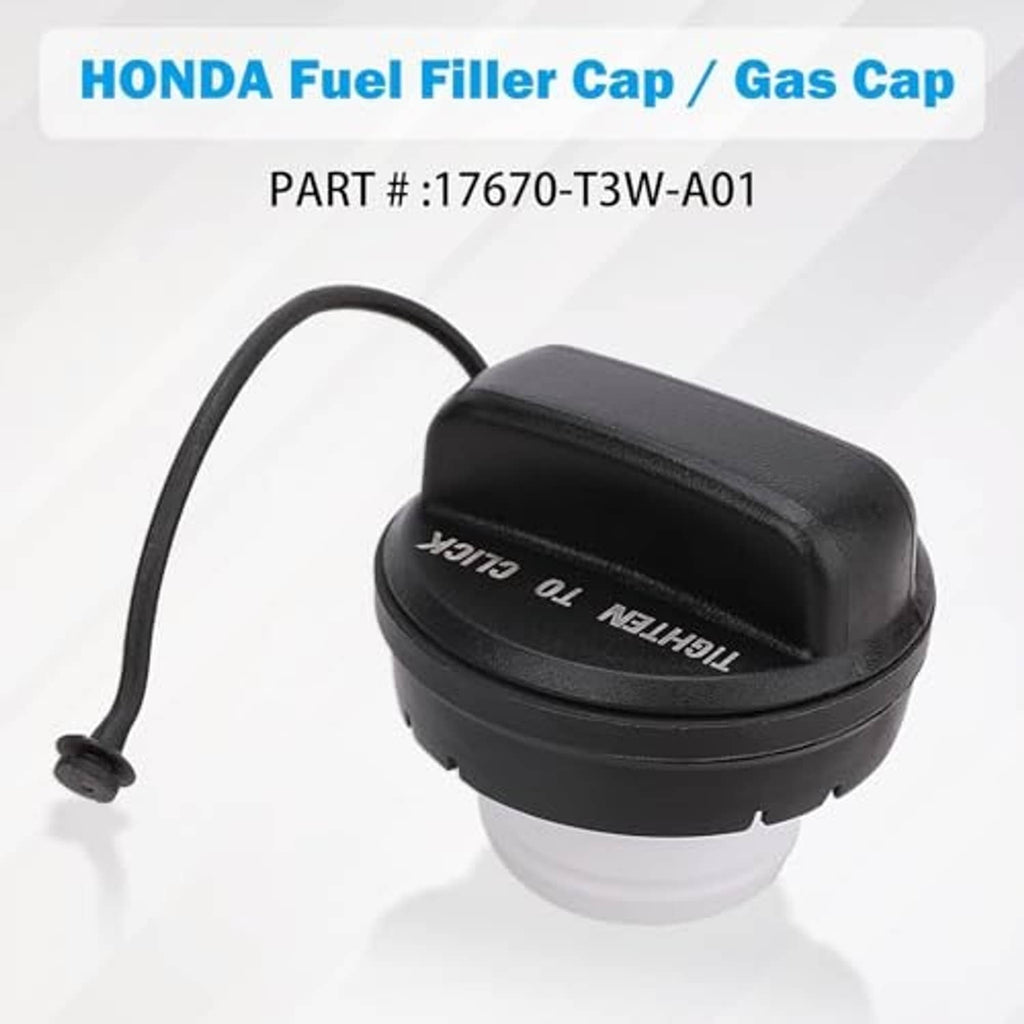 Fuel filler cap with black cover and white insert, hanging tether cord