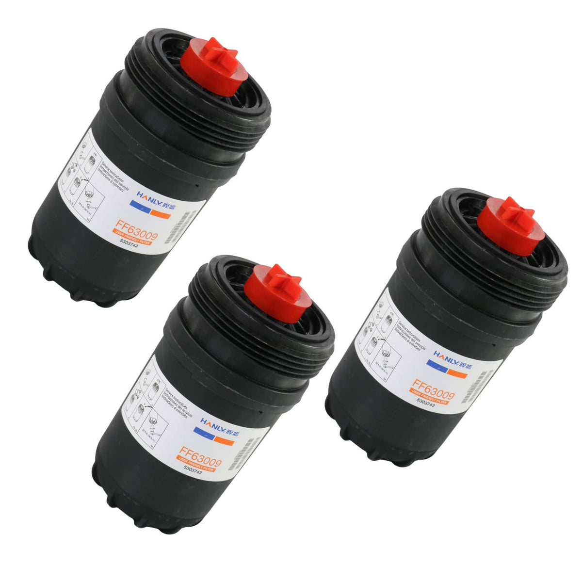 3-pack engine fuel filters, black housings with red safety caps