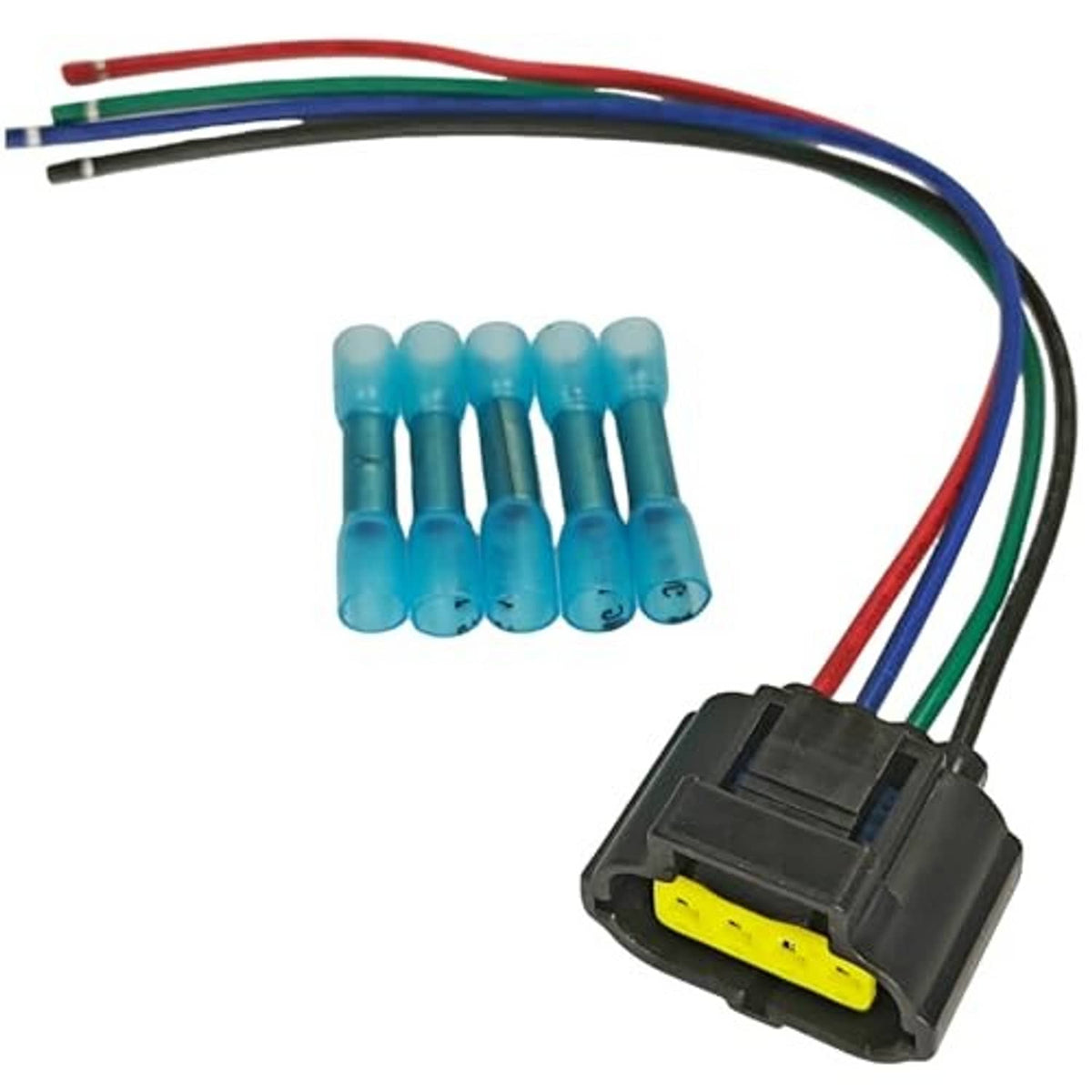 4-way TPS wiring harness pigtail kit with black plug, multicolor leads, and blue terminal plugs