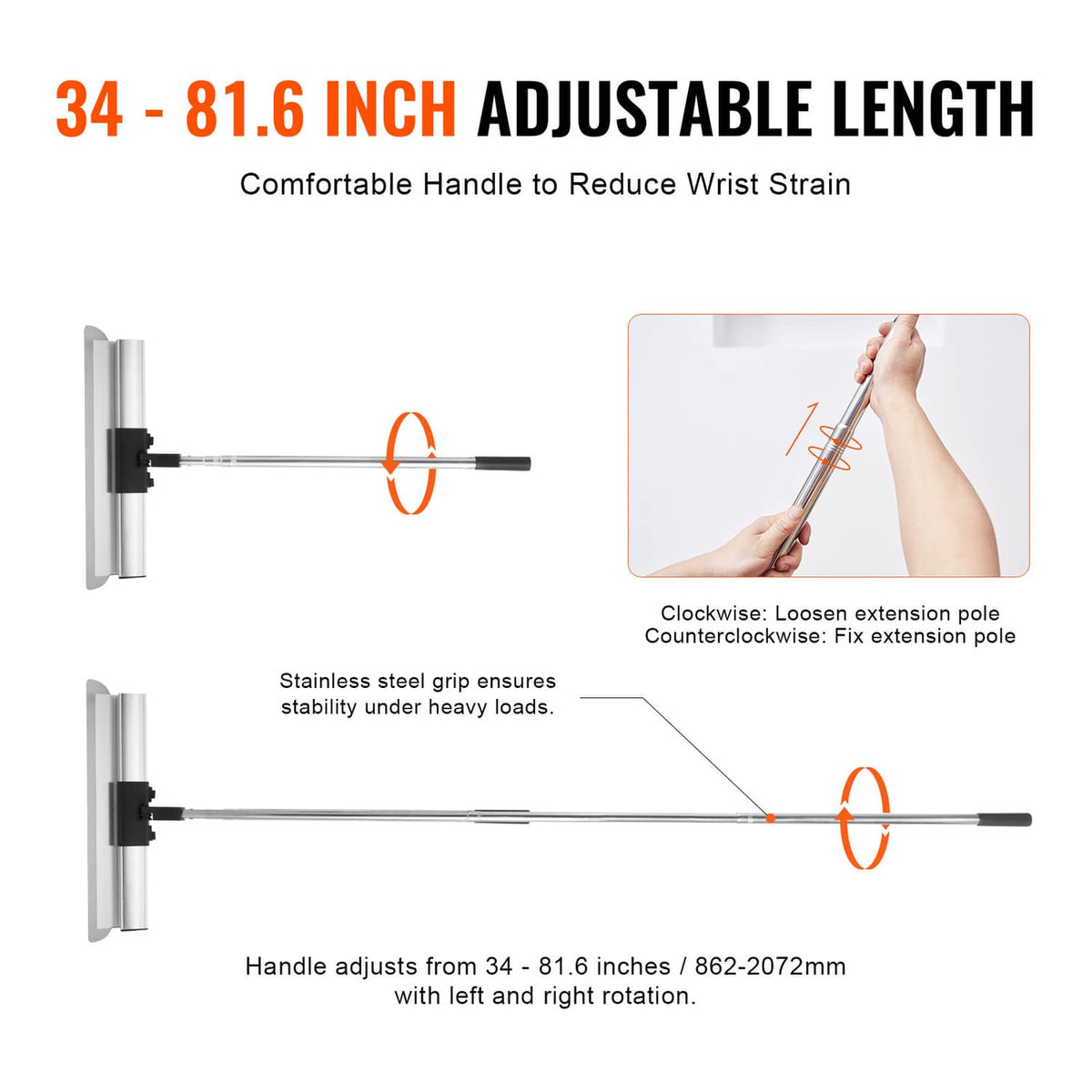 Adjustable drywall scraper handle pole with stainless blade extension and end bracket