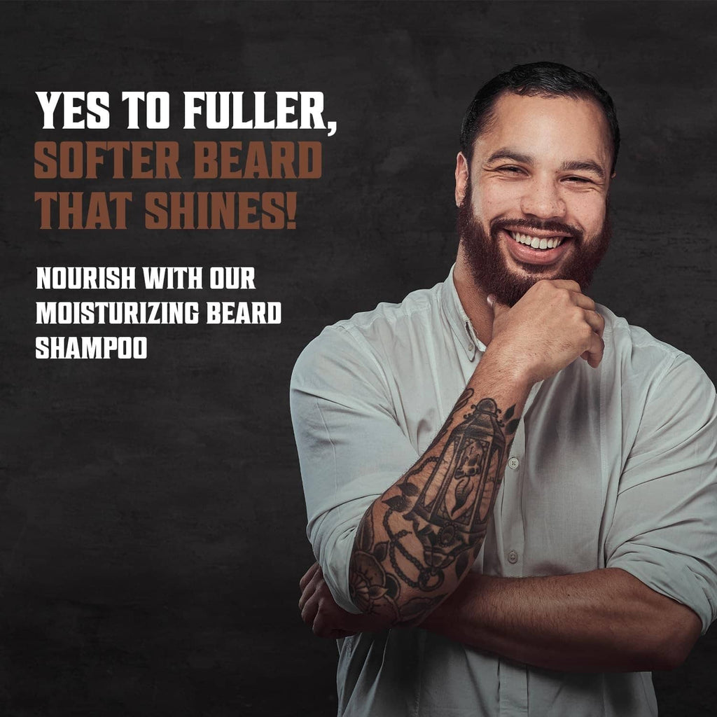 Smiling man with full beard; Viking Revolution beard wash shampoo concept