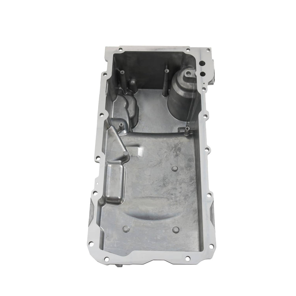 Engine oil pan kit top view of inner cavity with oil baffle and mounting openings
