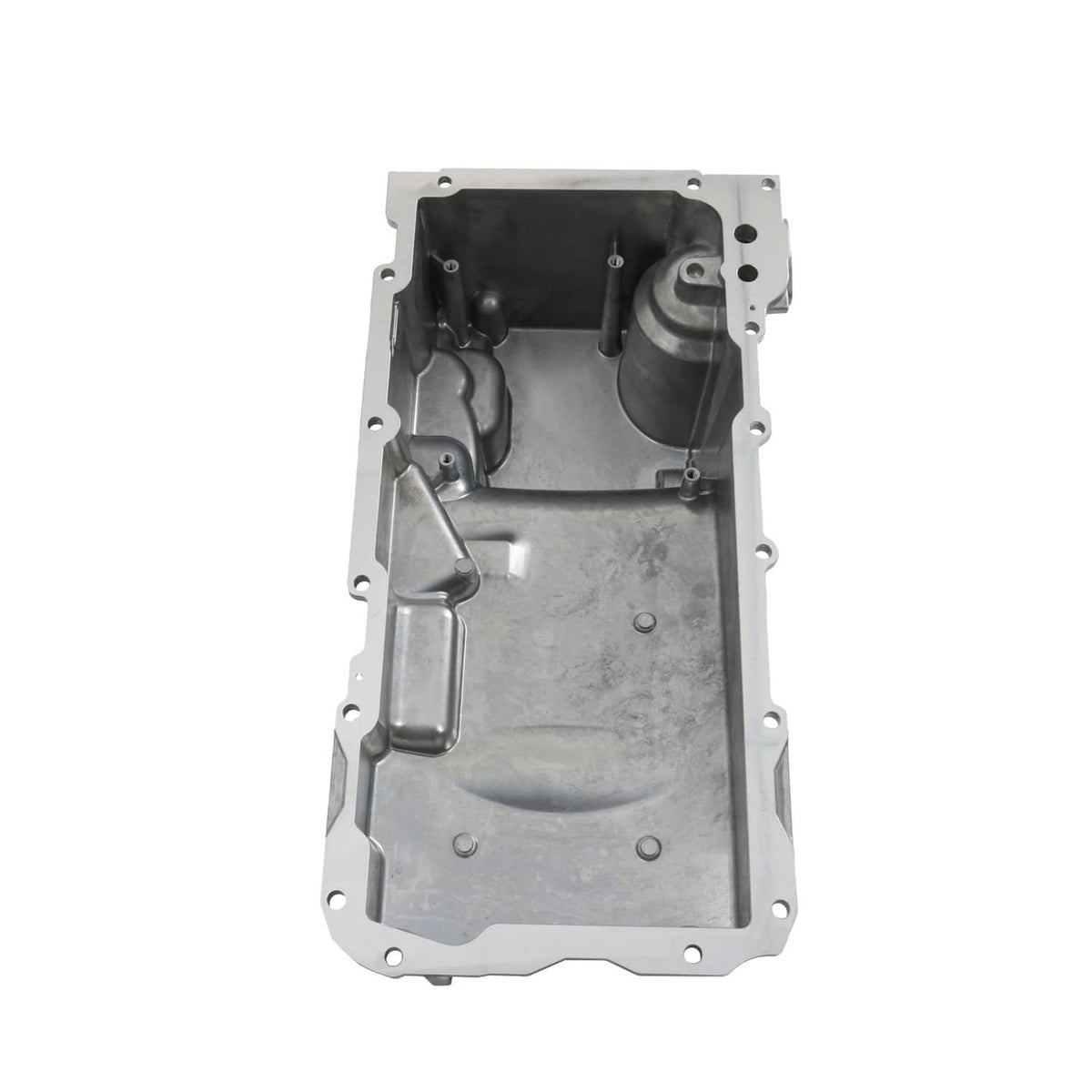 Engine oil pan kit top view of inner cavity with oil baffle and mounting openings