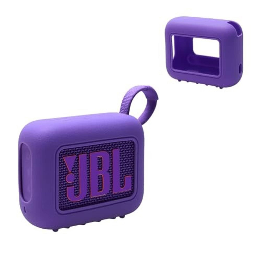 Purple silicone speaker cover case for JBL Go 4 with front opening and side buttons
