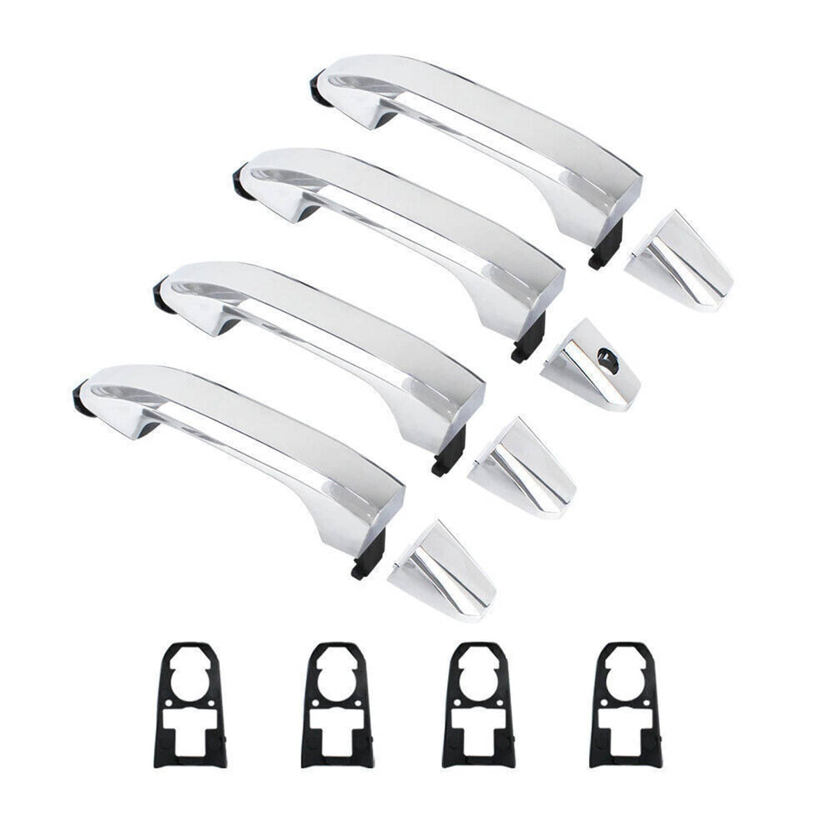 Set of four chrome exterior door handles with black inserts and clips