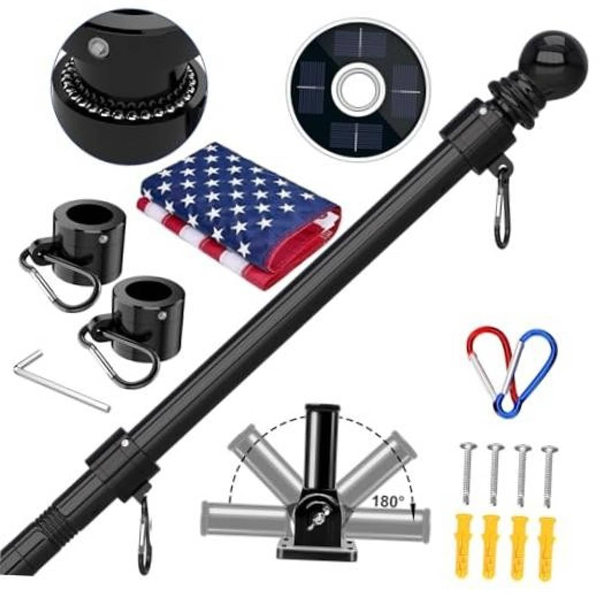 Black flagpole kit parts set: solar light, pole, rings, base clips, screws