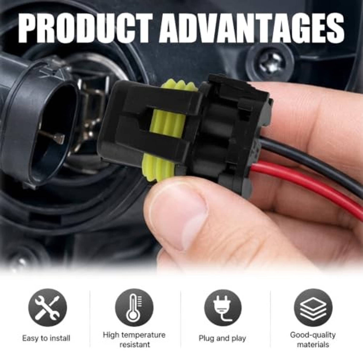 Hand-held headlight connector pigtail with red/black wires, black housing and yellow-green insert
