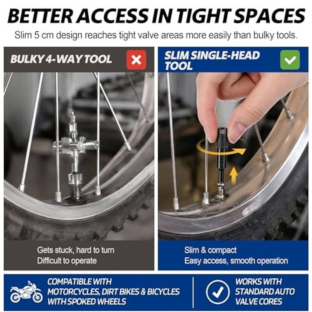 Slim valve core remover tool for quick use in tight wheel valve areas