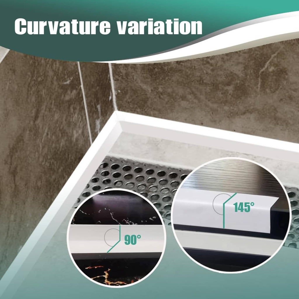 White caulk tape strip laid along bathtub rim corner for a curved seal