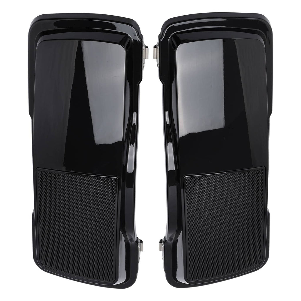 Two black speaker lid covers with mesh grille inserts, glossy ABS plastic finish