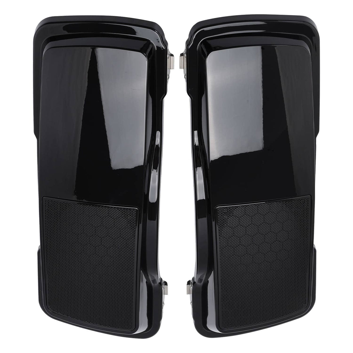Two black speaker lid covers with mesh grille inserts, glossy ABS plastic finish