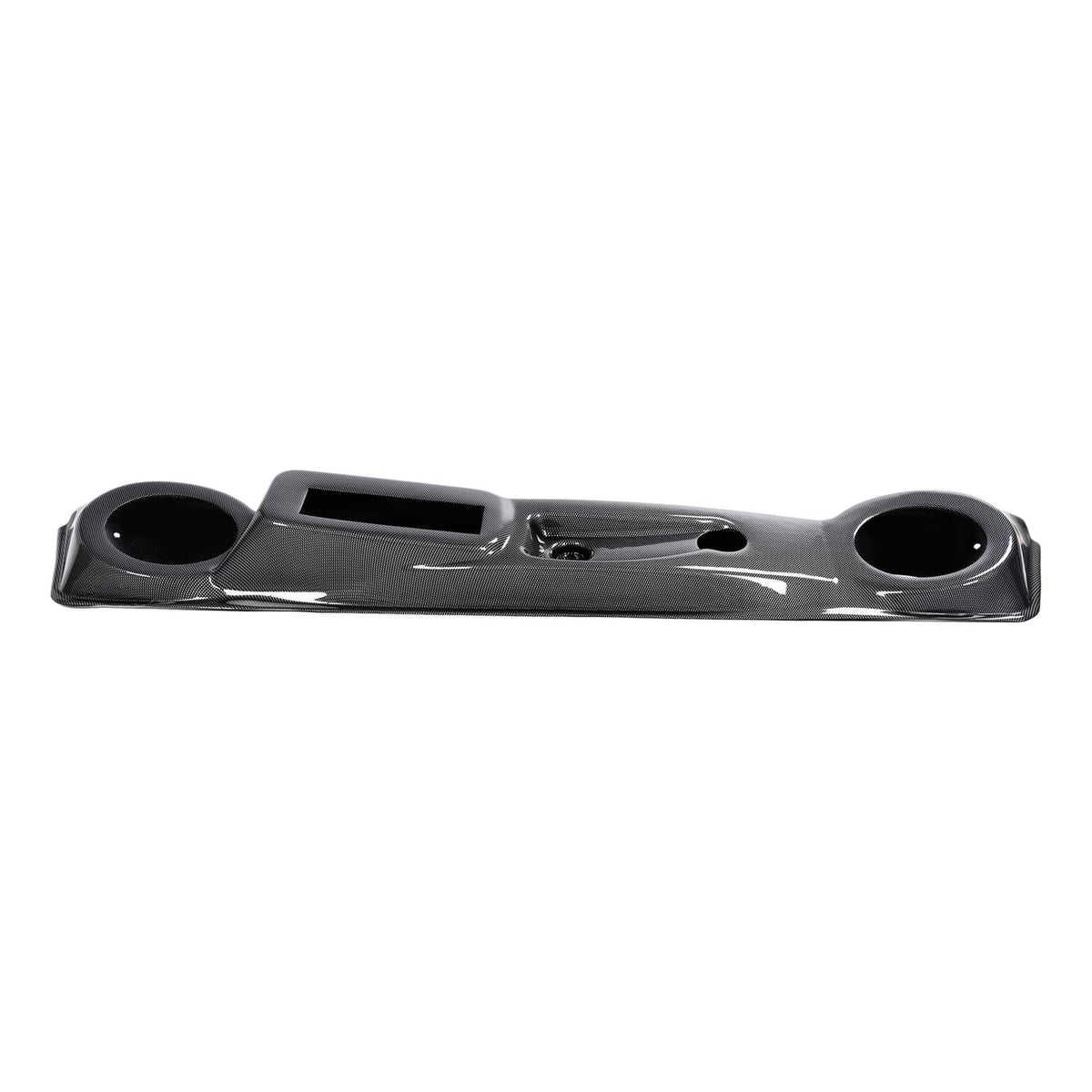 Black dash cover with two large round openings and center rectangular insert