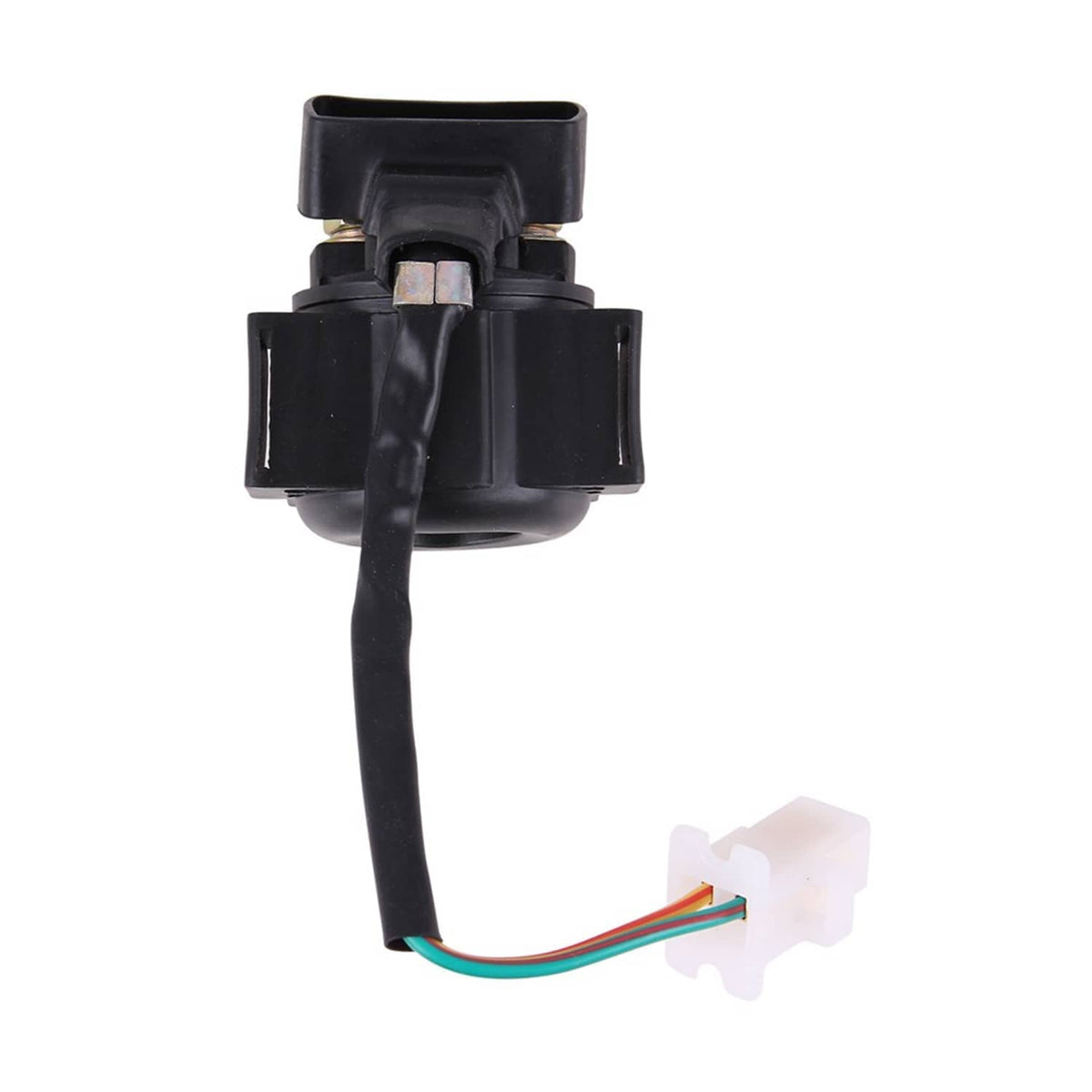 Starter solenoid relay with black housing and multi-color wire connector