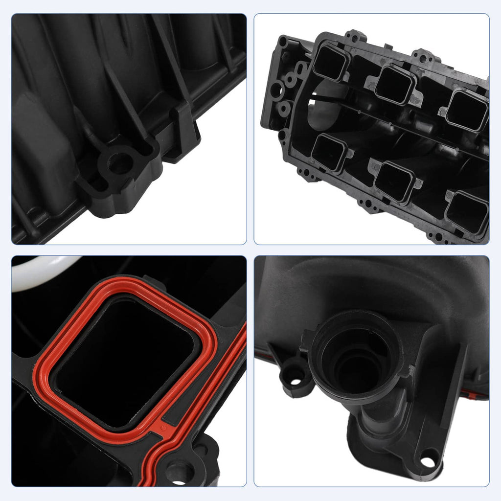 Upper intake manifold close-up showing molded plastic, mounting holes, and gasket sealing areas