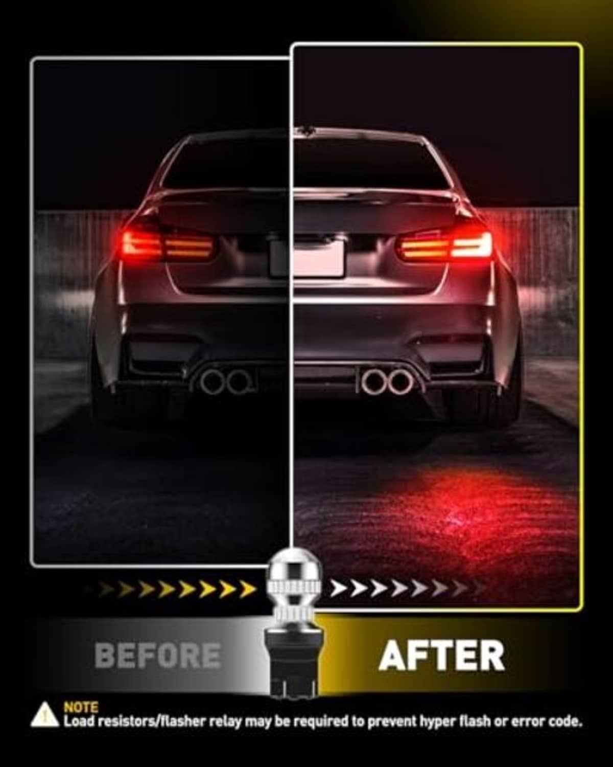 LED strobe brake light bulb installed, with red strobe glow on vehicle tail lamps