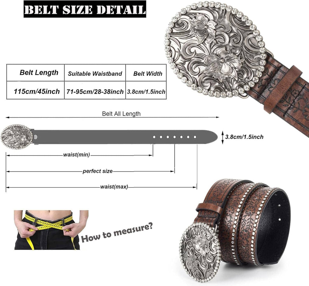 Brown rhinestone belt sizing diagram with belt length and width detail