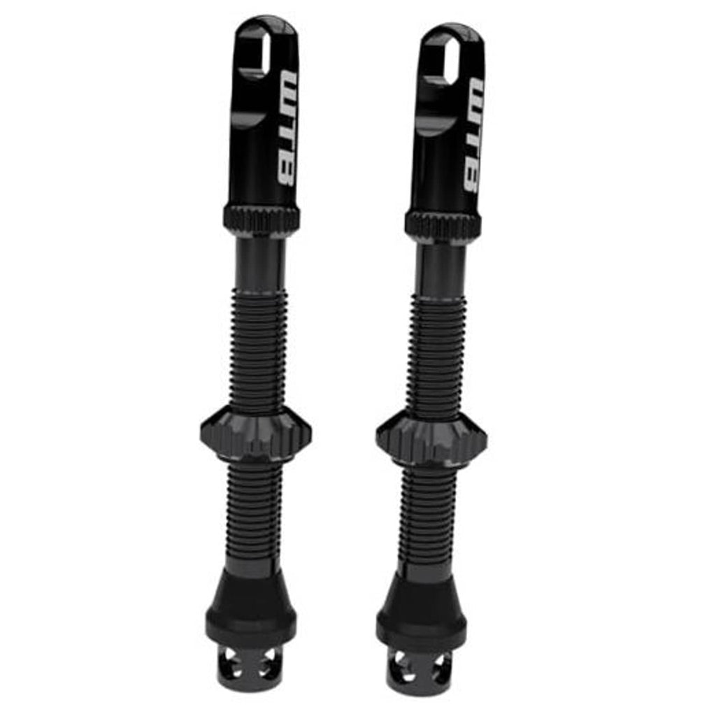 Alloy Presta tubeless valve stems in black, 44mm length, with caps and lock nuts (pair)
