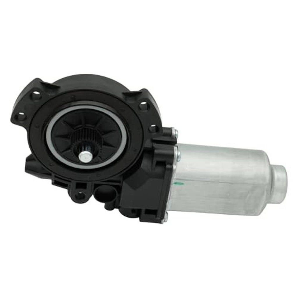 Power window motor angled view with black circular housing and silver cylinder