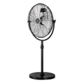 Black pedestal standing floor fan with protective wire grille and round base