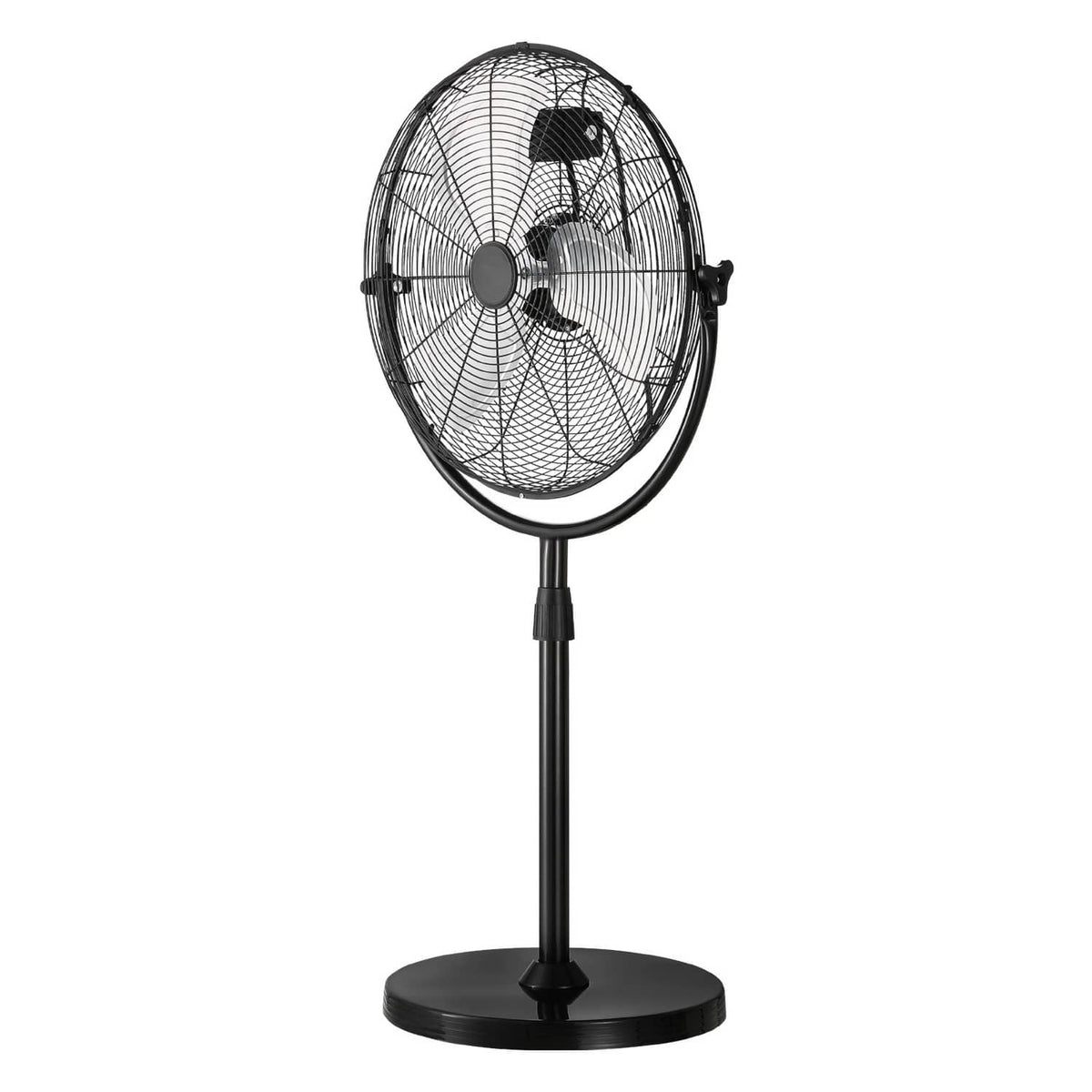 Black pedestal standing floor fan with protective wire grille and round base