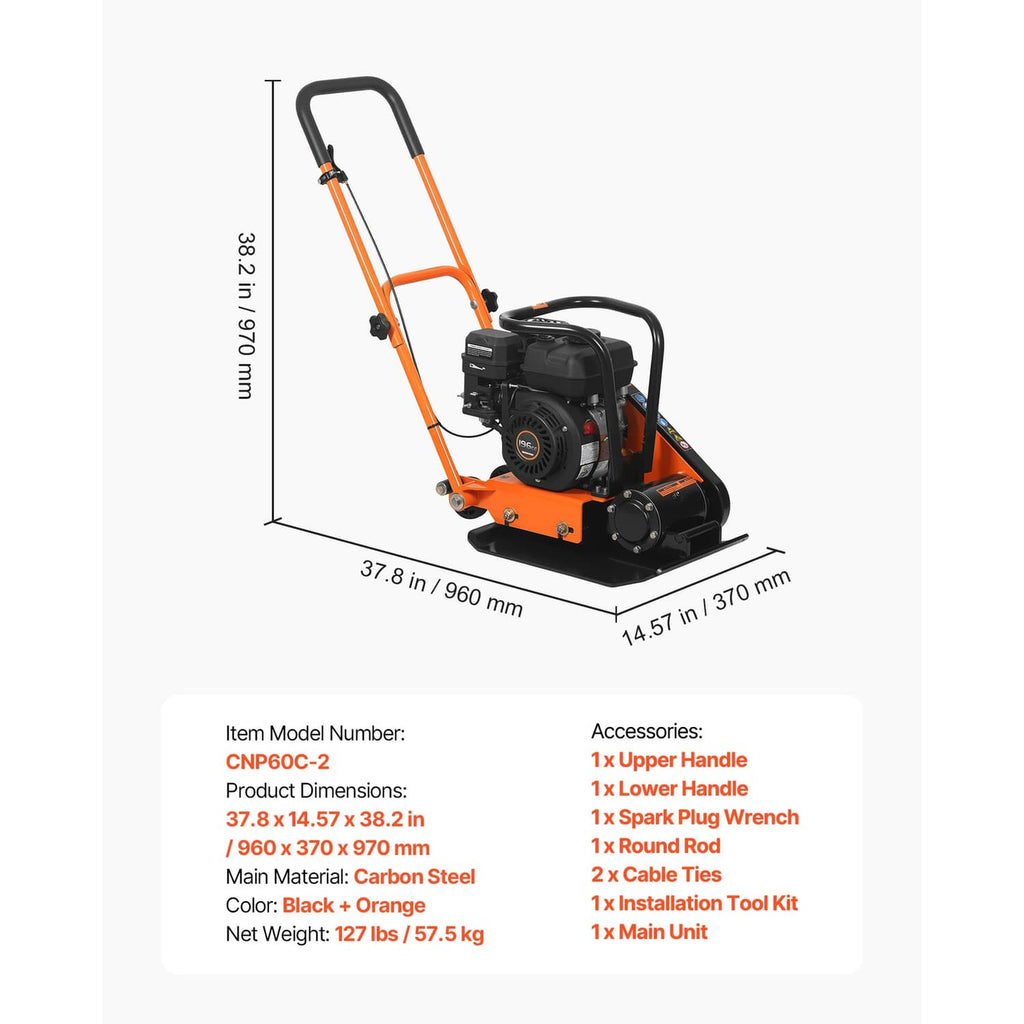Orange and black vibrating plate compactor with handle, engine, and width measurements
