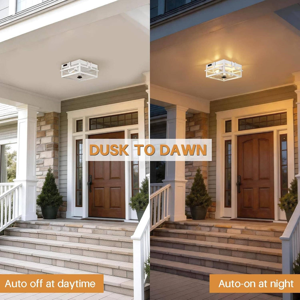 White outdoor flush ceiling light mounted under a porch ceiling with two illuminated bulbs