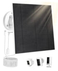 Square dark solar panel with wall mount, cables, and power adapters