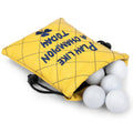 Yellow quilted golf drawstring pouch with blue "Play Like a Champion Today" text and golf balls.