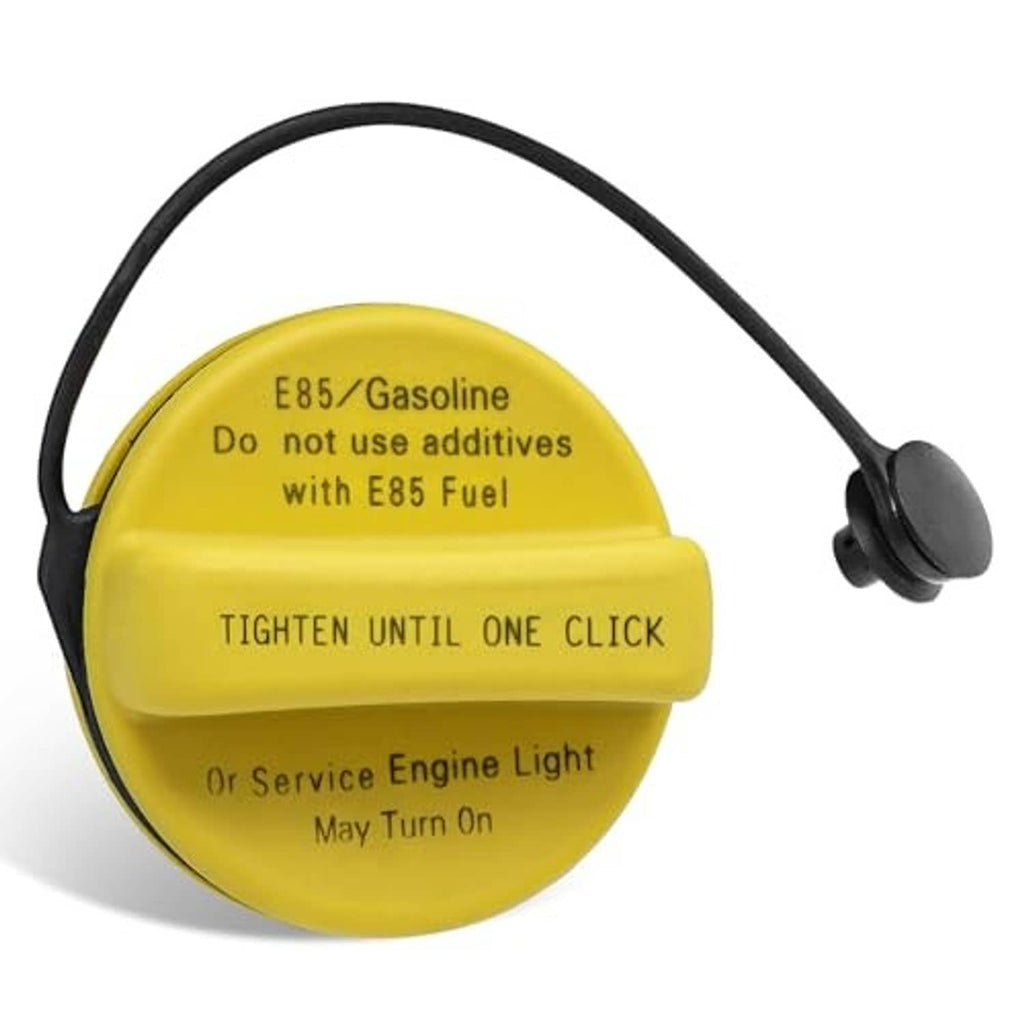 Yellow fuel tank gas cap with “Tighten until one click” text
