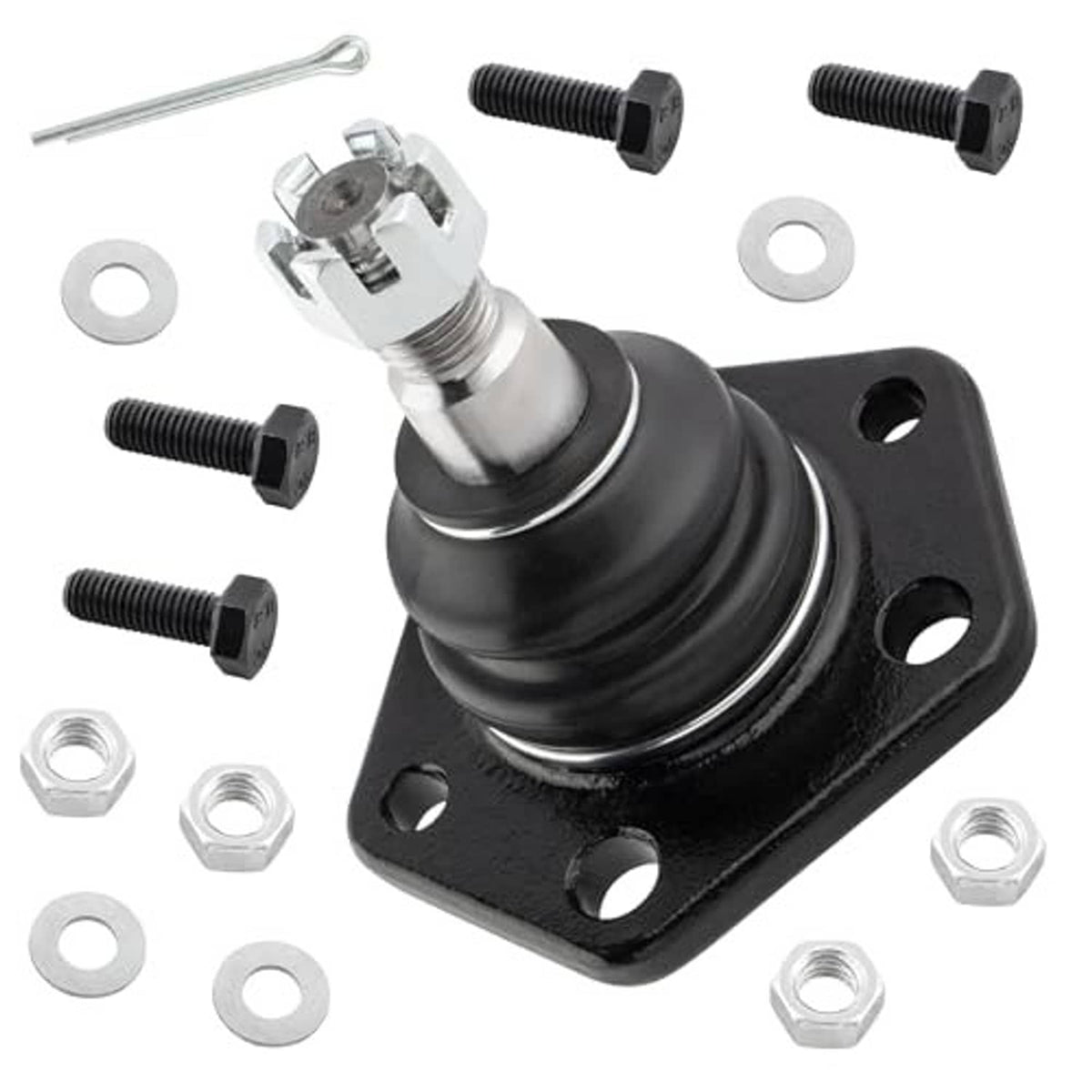 Front ball joint housing with black boot, stud, washers, and installation bolts