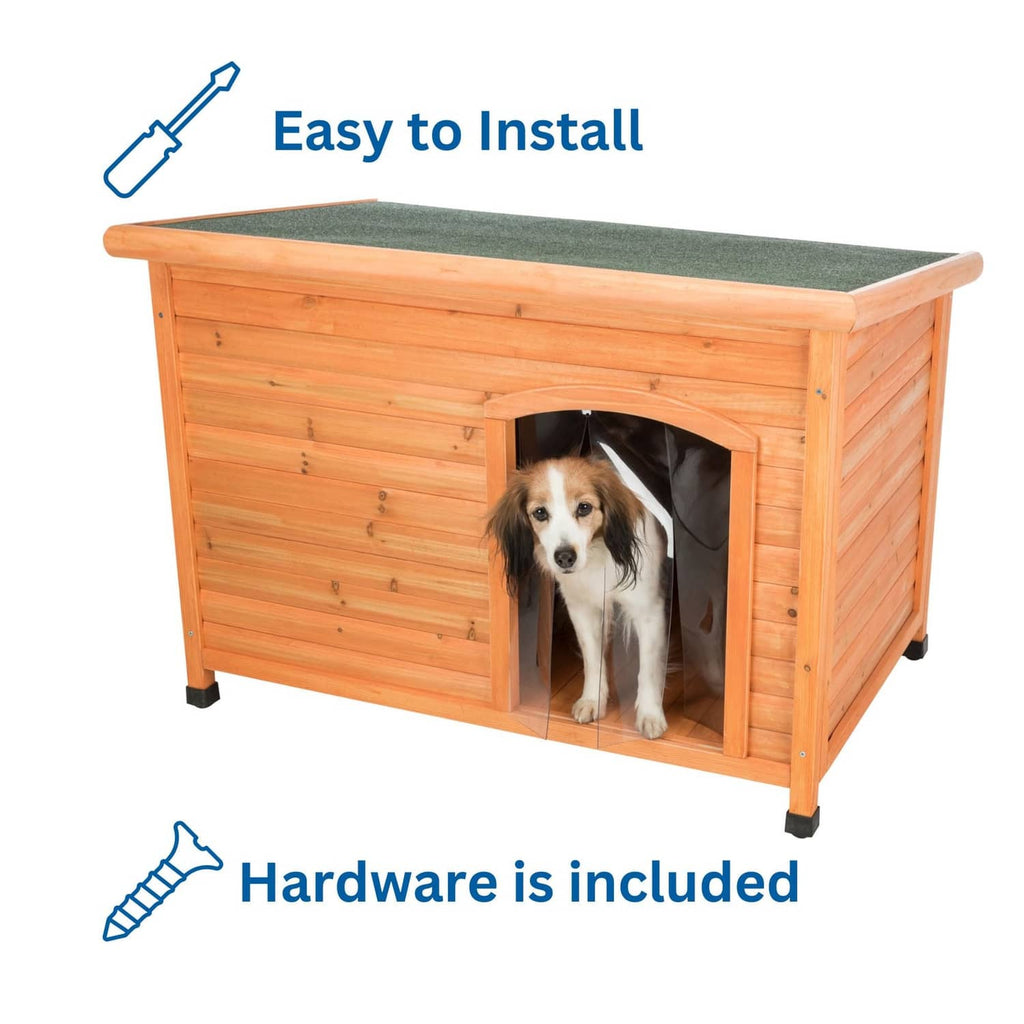 Transparent vinyl dog door flap in wooden outdoor dog house, pet behind the arched opening