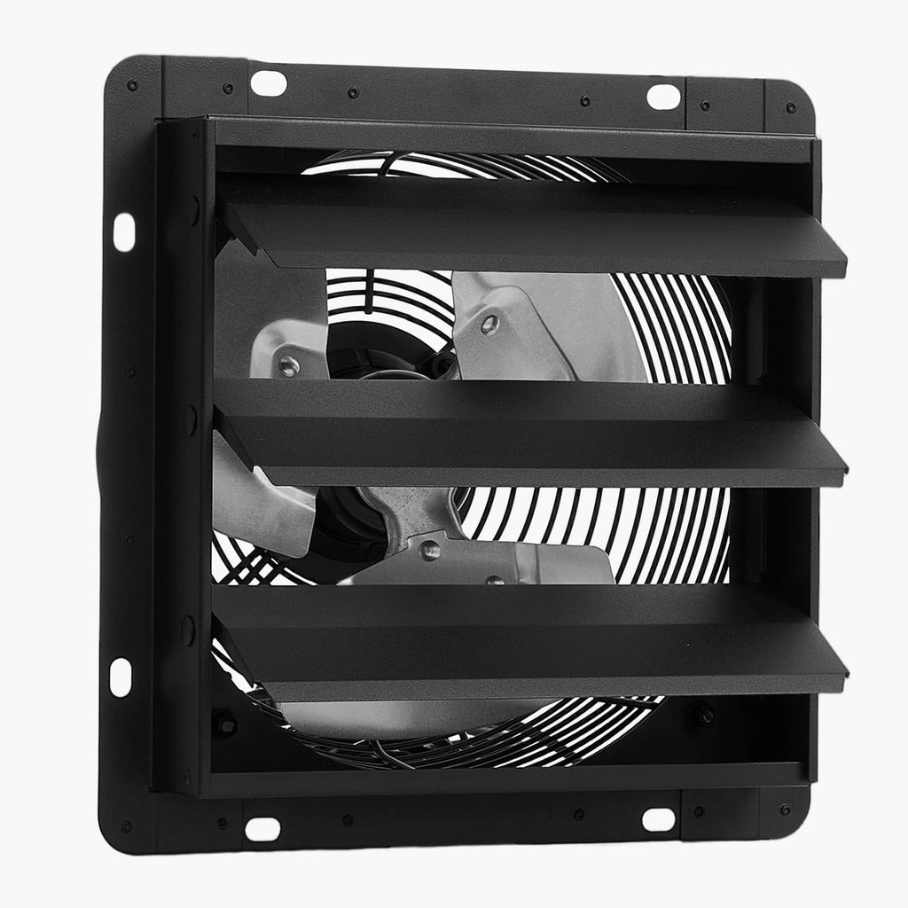12-inch wall-mount shutter exhaust fan angled view with louvered front housing