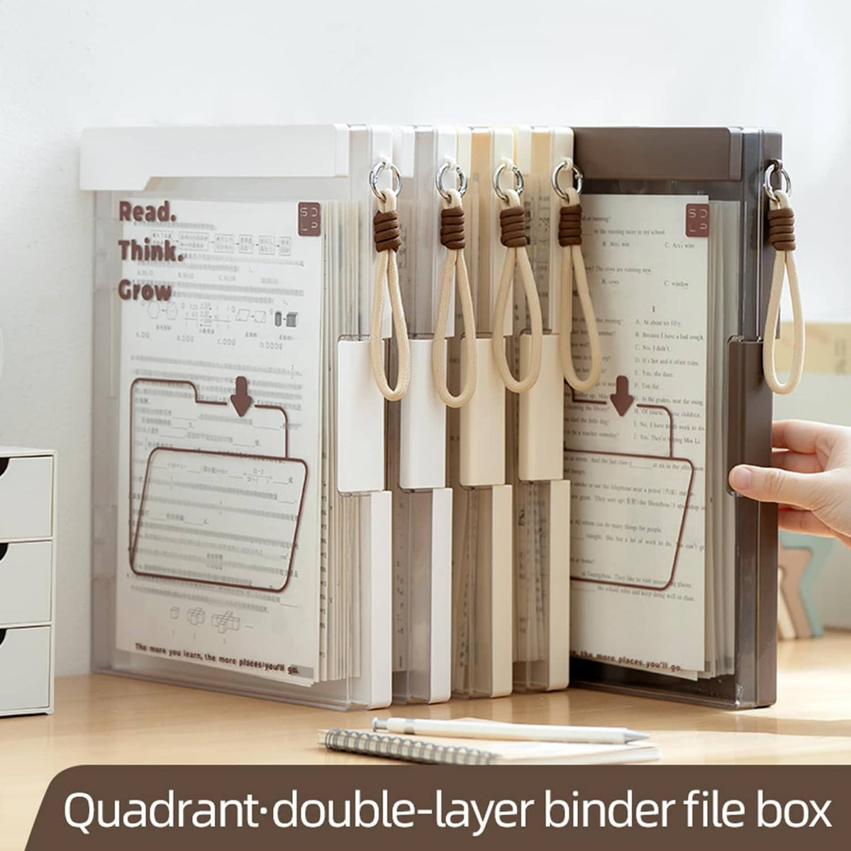 Reinforced clipboard storage box with hanging paper dividers and lanyard loops