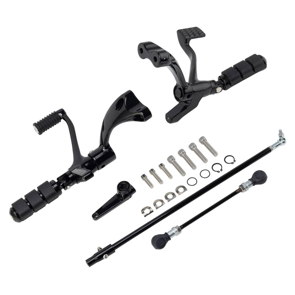 Black forward control footpegs, levers, and hardware kit with mounting linkage