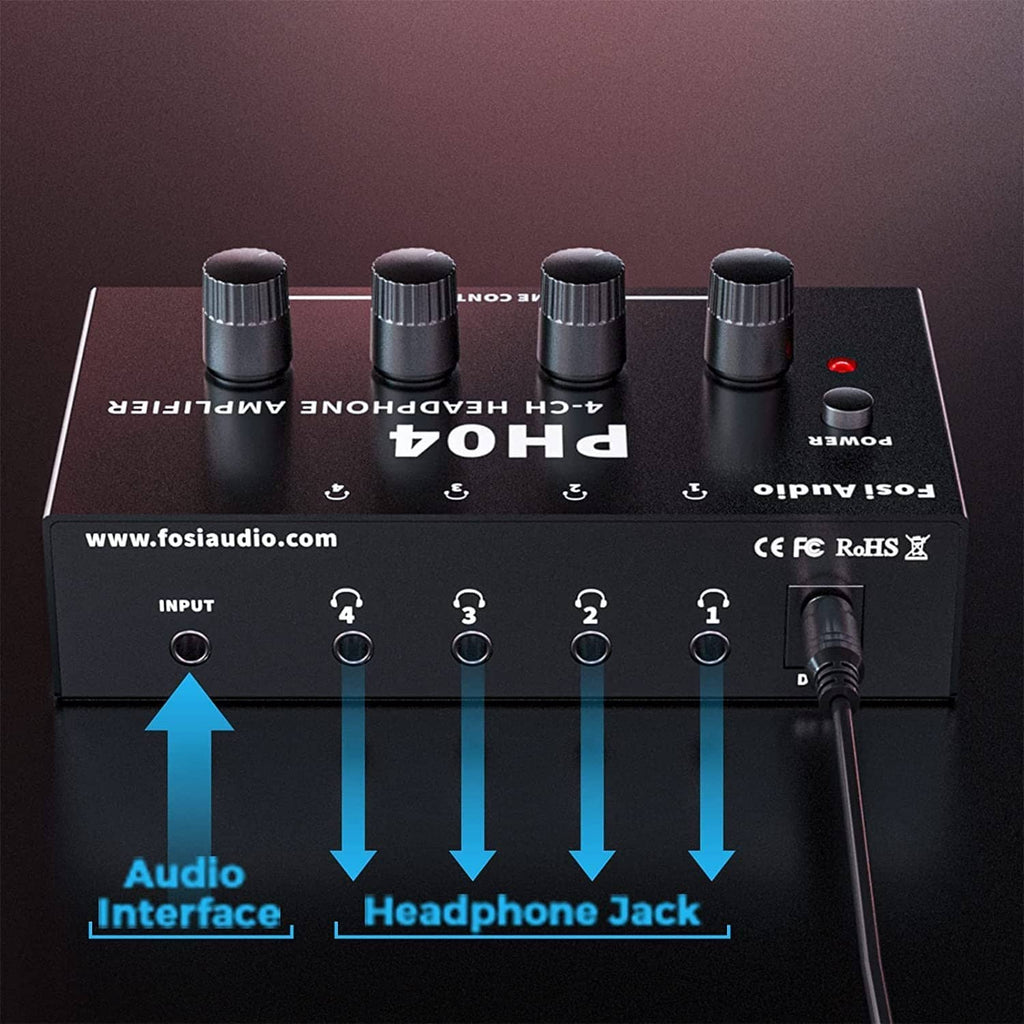 4-channel headphone amplifier rear panel with input jacks, power switch, and four knobs