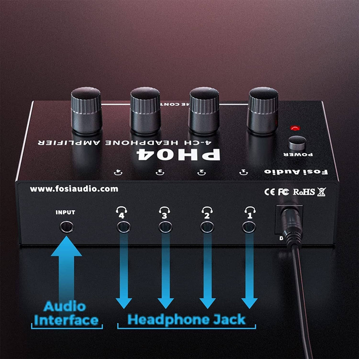 4-channel headphone amplifier rear panel with input jacks, power switch, and four knobs