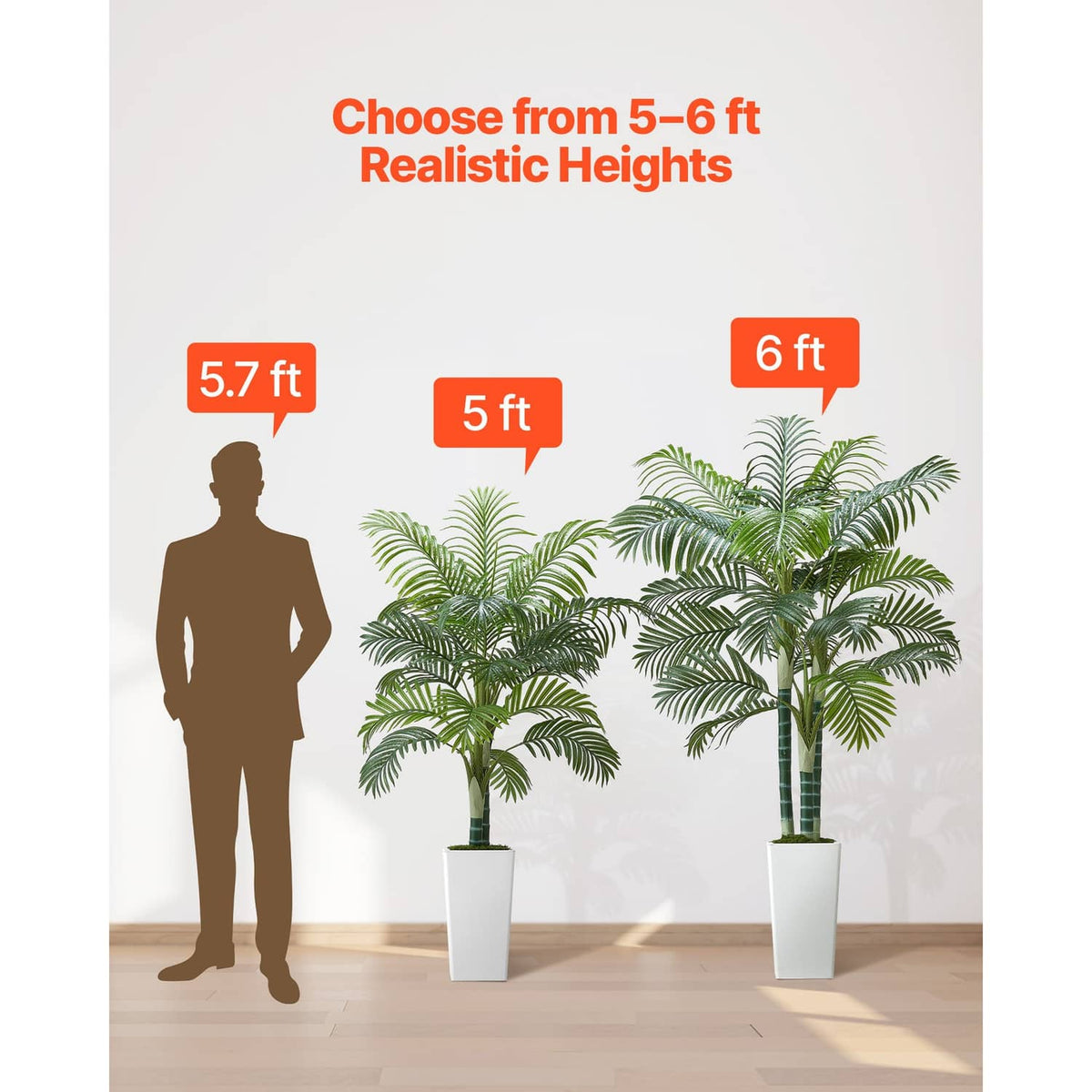 Tall faux palm tree in white pot; height options shown