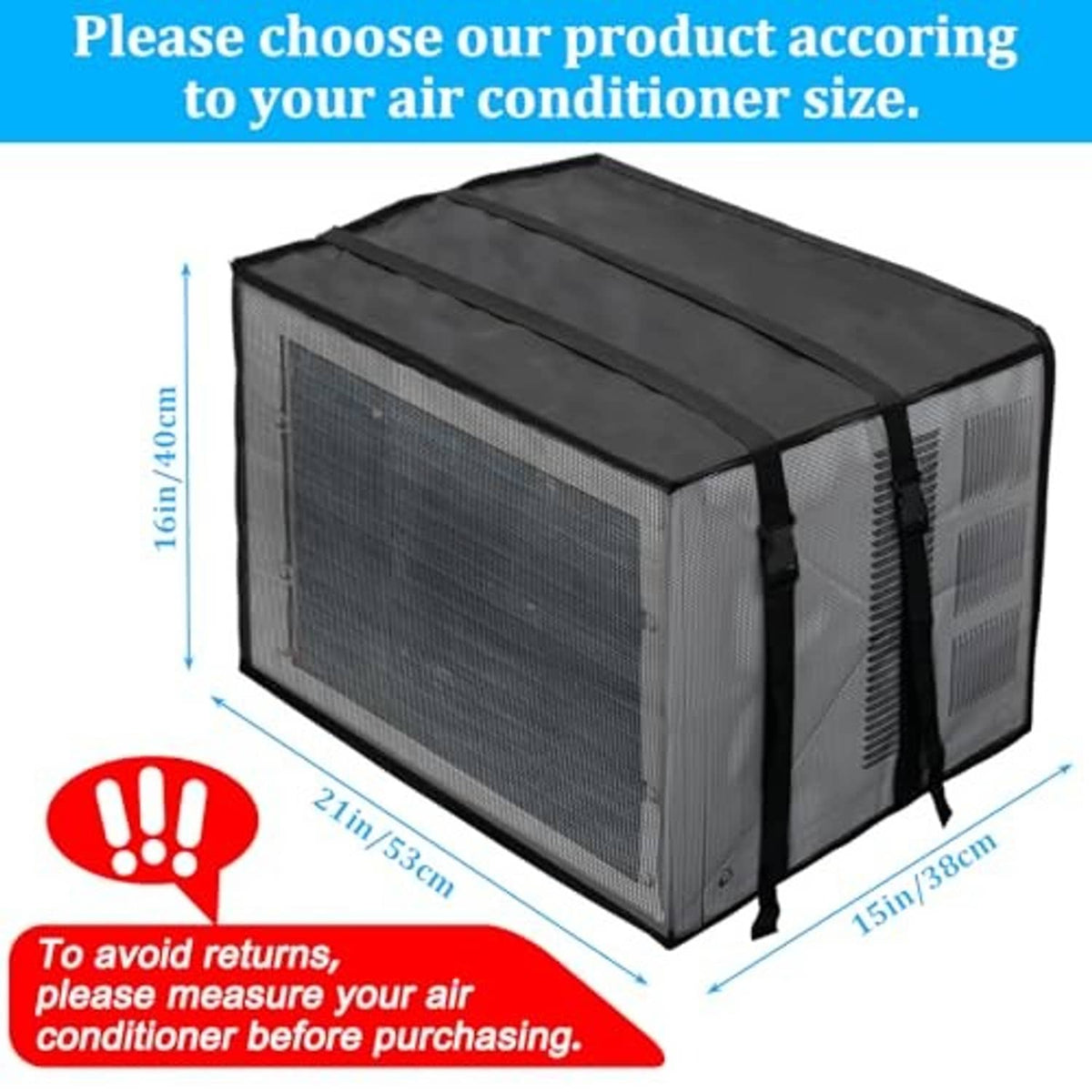 Black mesh window air conditioner cover, rectangular with secure side ties