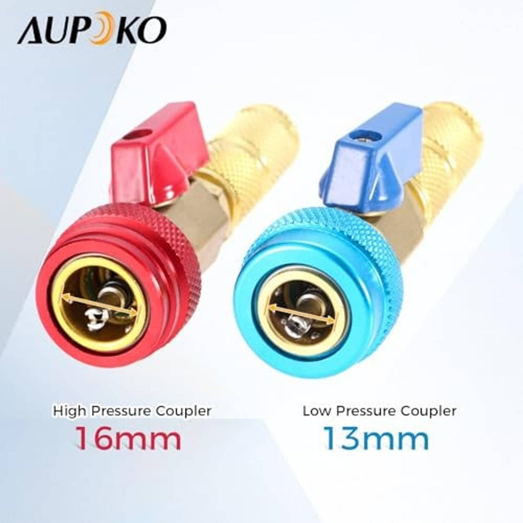 R134A high- and low-pressure couplers: red and blue ends with brass tool body