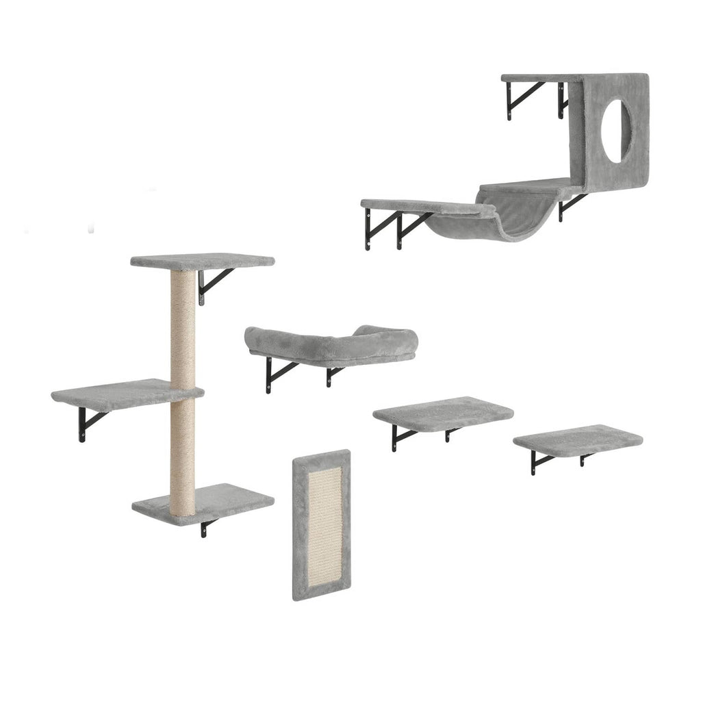 Wall-mounted cat perch set with vertical post, platforms, and hammock bed