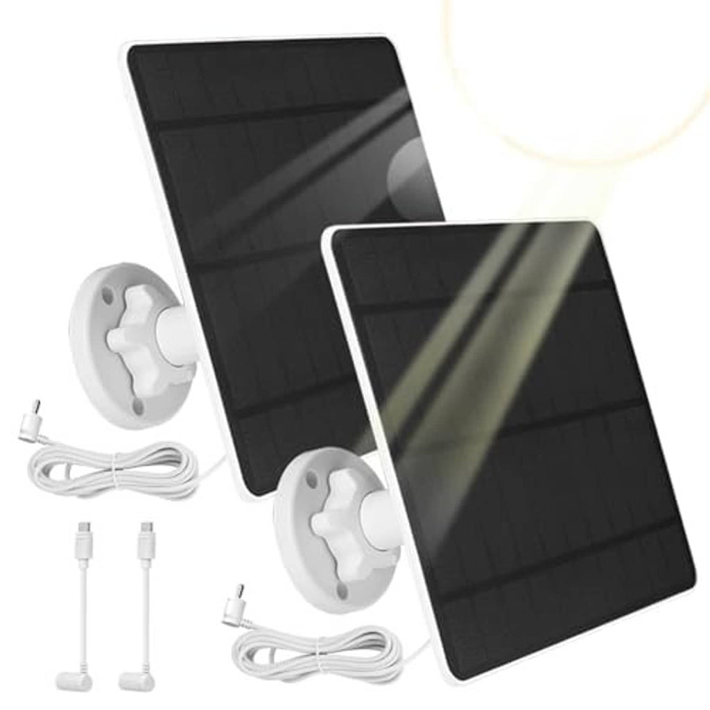 Solar panel charger 2-pack with two black solar panels, wall mounts, and charging wires