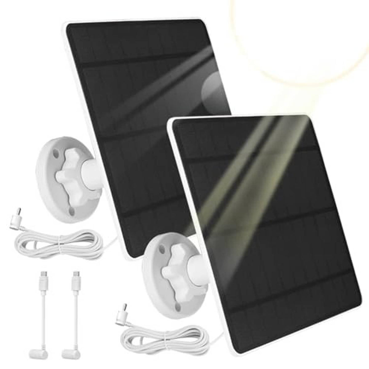 Solar panel charger 2-pack with two black solar panels, wall mounts, and charging wires
