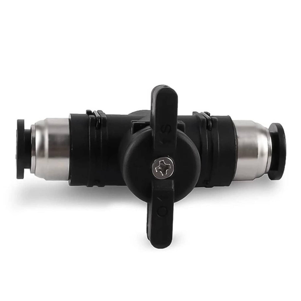 Pneumatic ball valve with vertical lever, black body and silver push-tube ends
