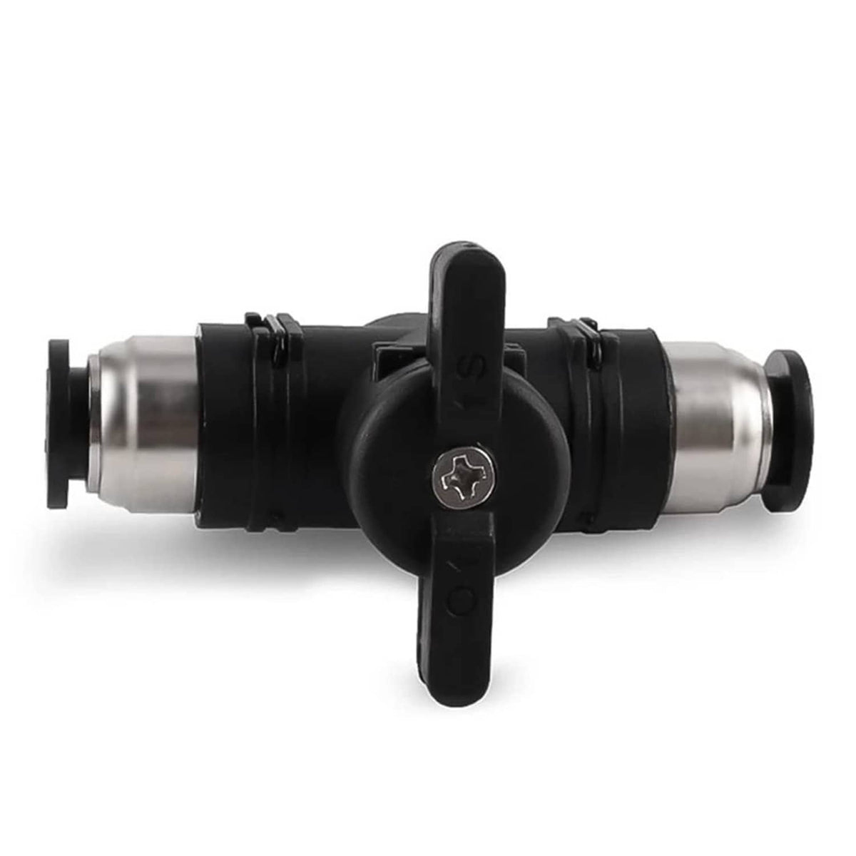 Pneumatic ball valve with vertical lever, black body and silver push-tube ends